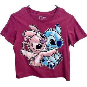 Disney Stitch & Angel Gray Cropped T-Shirt Juniors L Lilo & Stitch Graphic Tee
